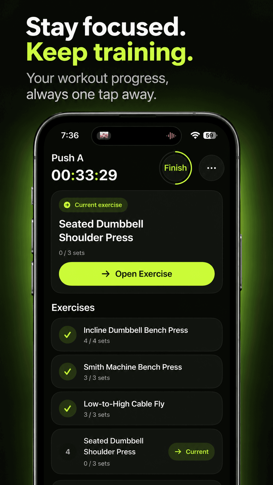 OneTap Gym Log active-workout screen showing elapsed time, completed exercises, and the current exercise.