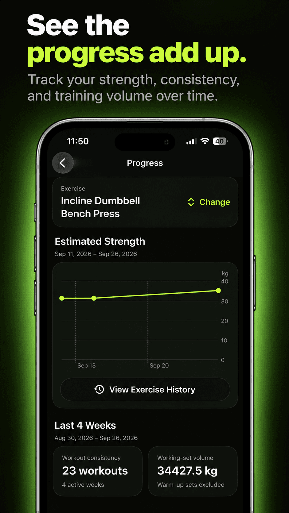 OneTap Gym Log progress screen showing estimated strength, workout consistency, set volume, and exercise history.