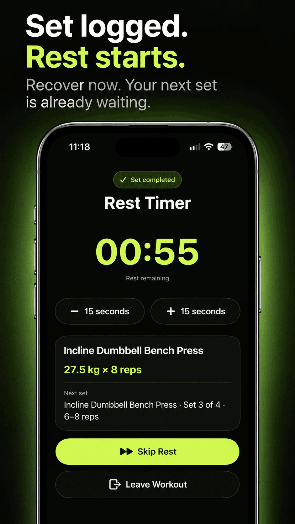 OneTap Gym Log rest timer showing the remaining rest period and next-set details.