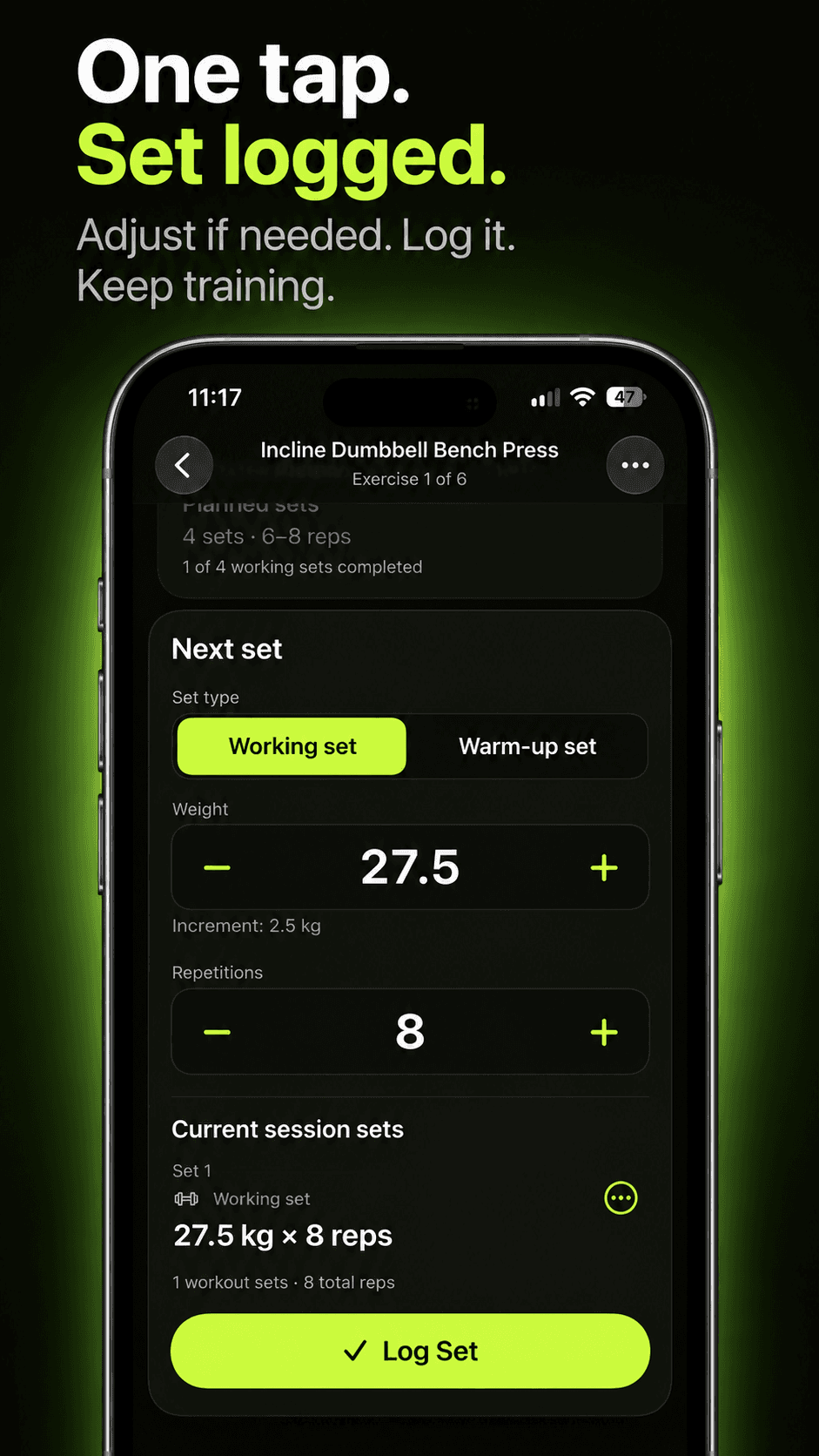 OneTap Gym Log set-logging screen for adjusting weight and repetitions before logging a set.