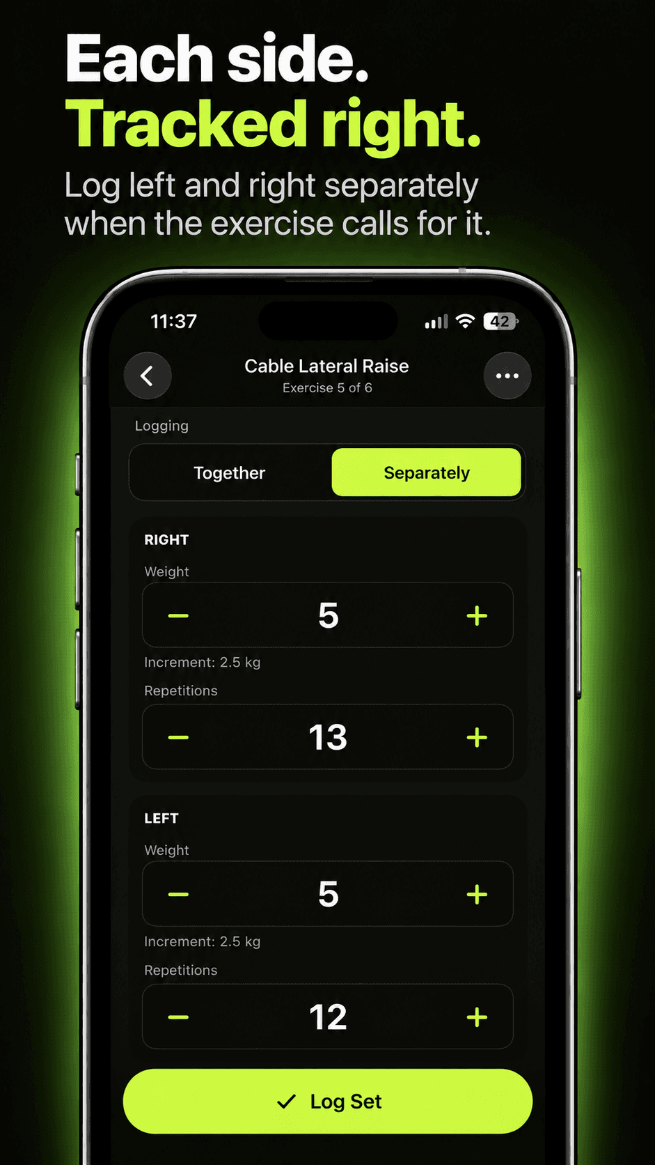 OneTap Gym Log set-logging screen with separate weight and repetition controls for the right and left sides.