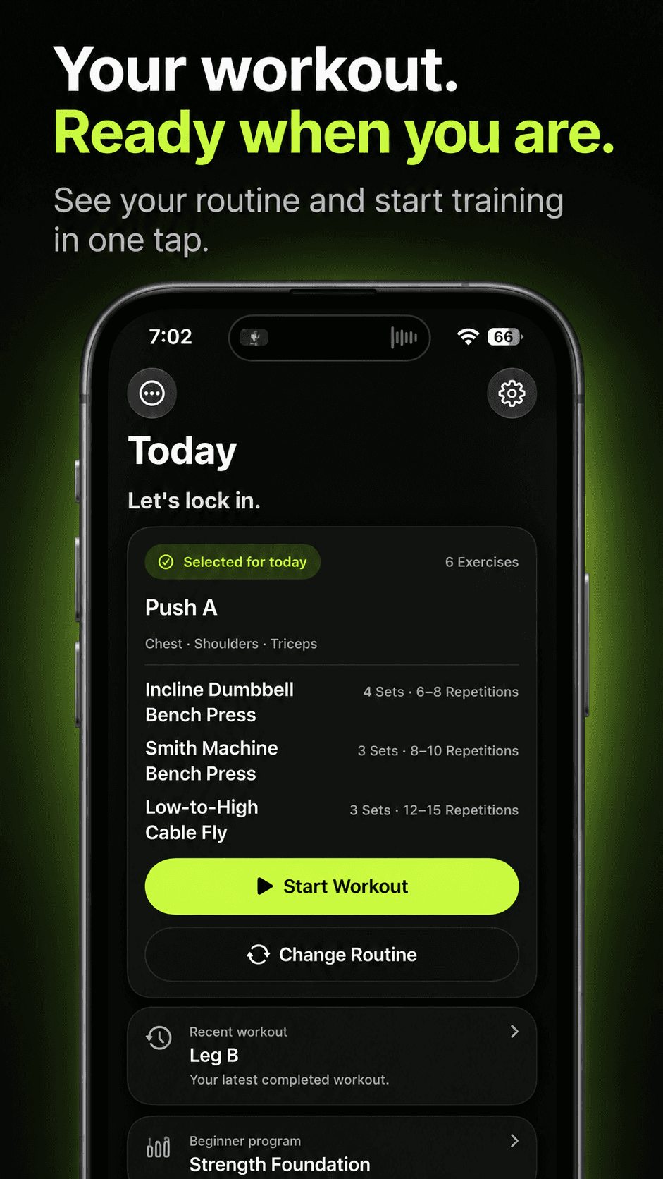 OneTap Gym Log Today screen showing a selected routine and its planned exercises ready to start.